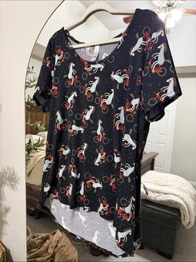 LuLaRoe Black Short Sleeve Top with White Unicorn & Orange Bicycle Print
